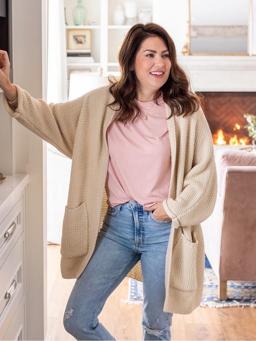 Cream Open-Front Chunky Knit Cardigan